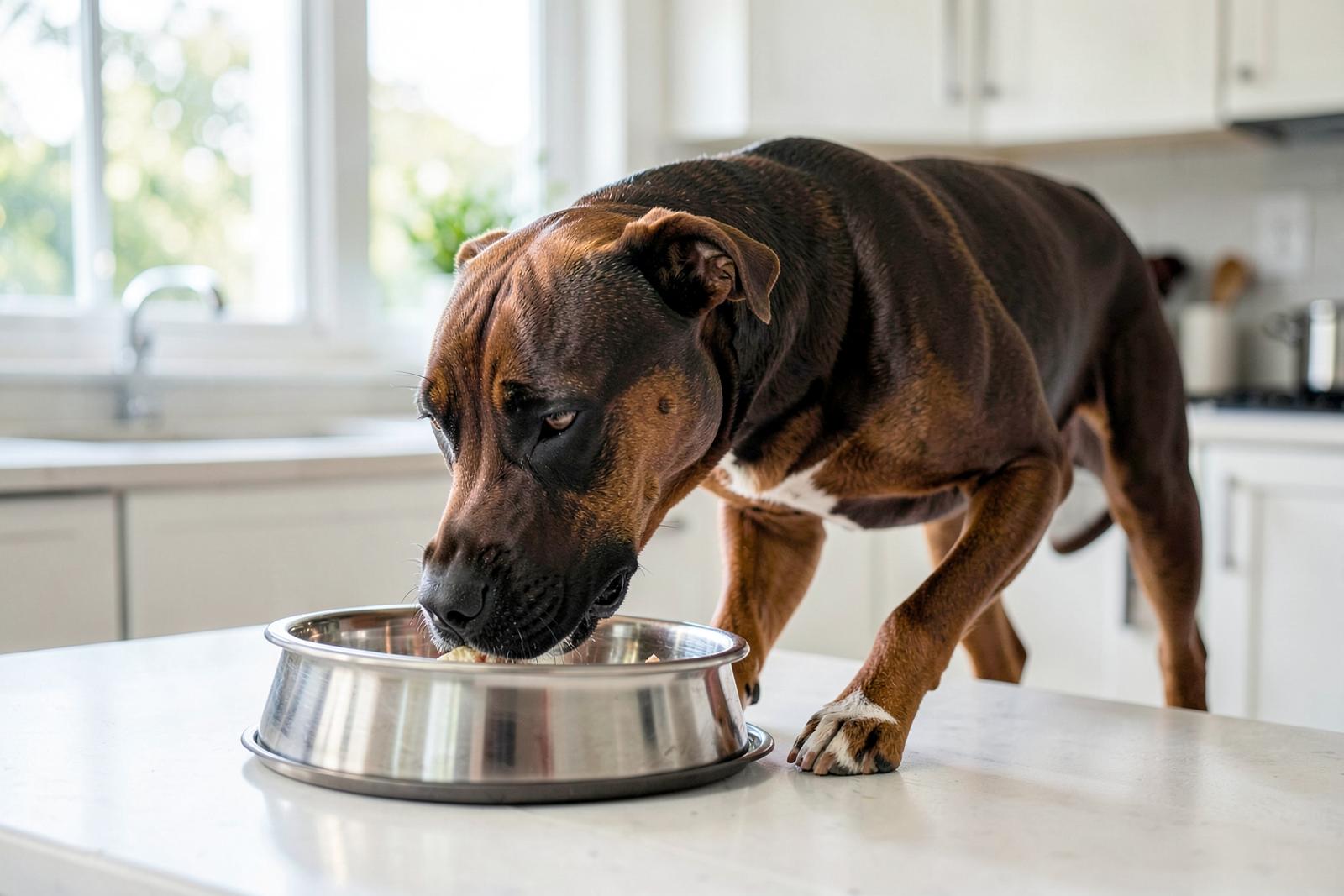 Adult Cane Corso waiting beside a full bowl of large-breed dog food