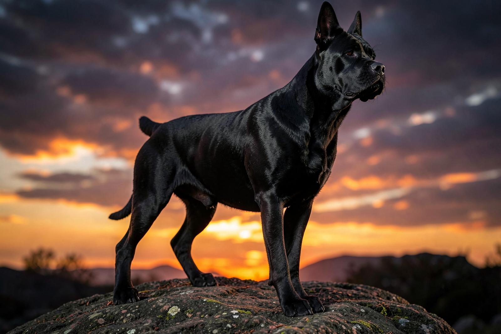 Solid black Cane Corso with a glossy coat standing in profile