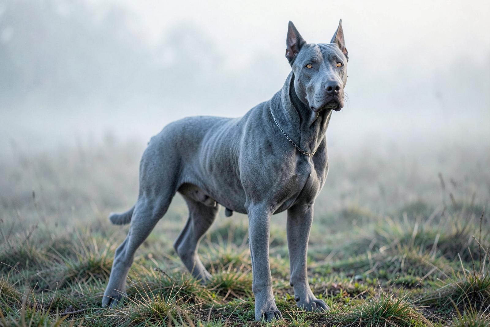 Blue grey coated Cane Corso standing outdoors in soft light