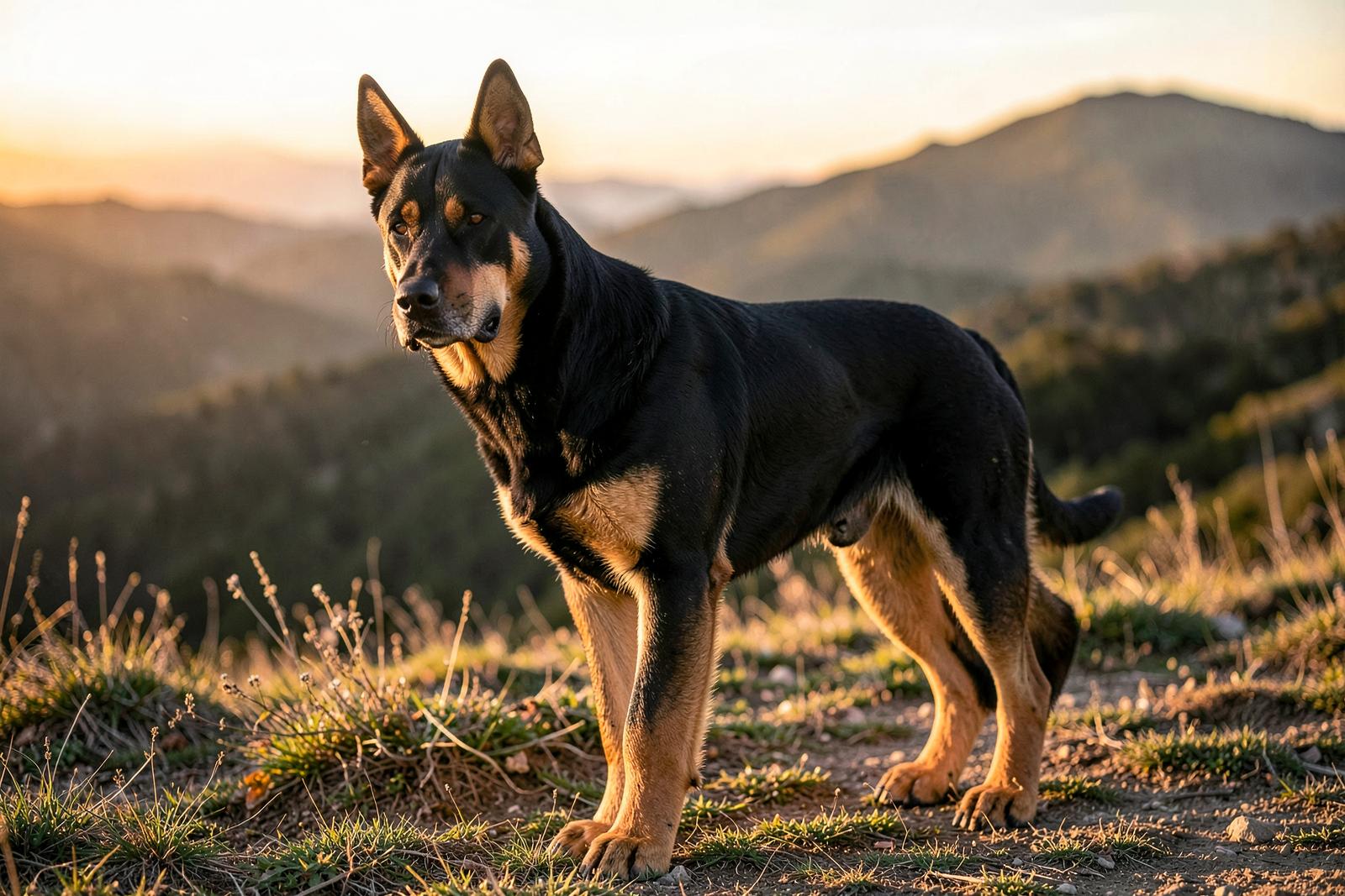 Cane Corso German Shepherd mix standing alert on a grassy field