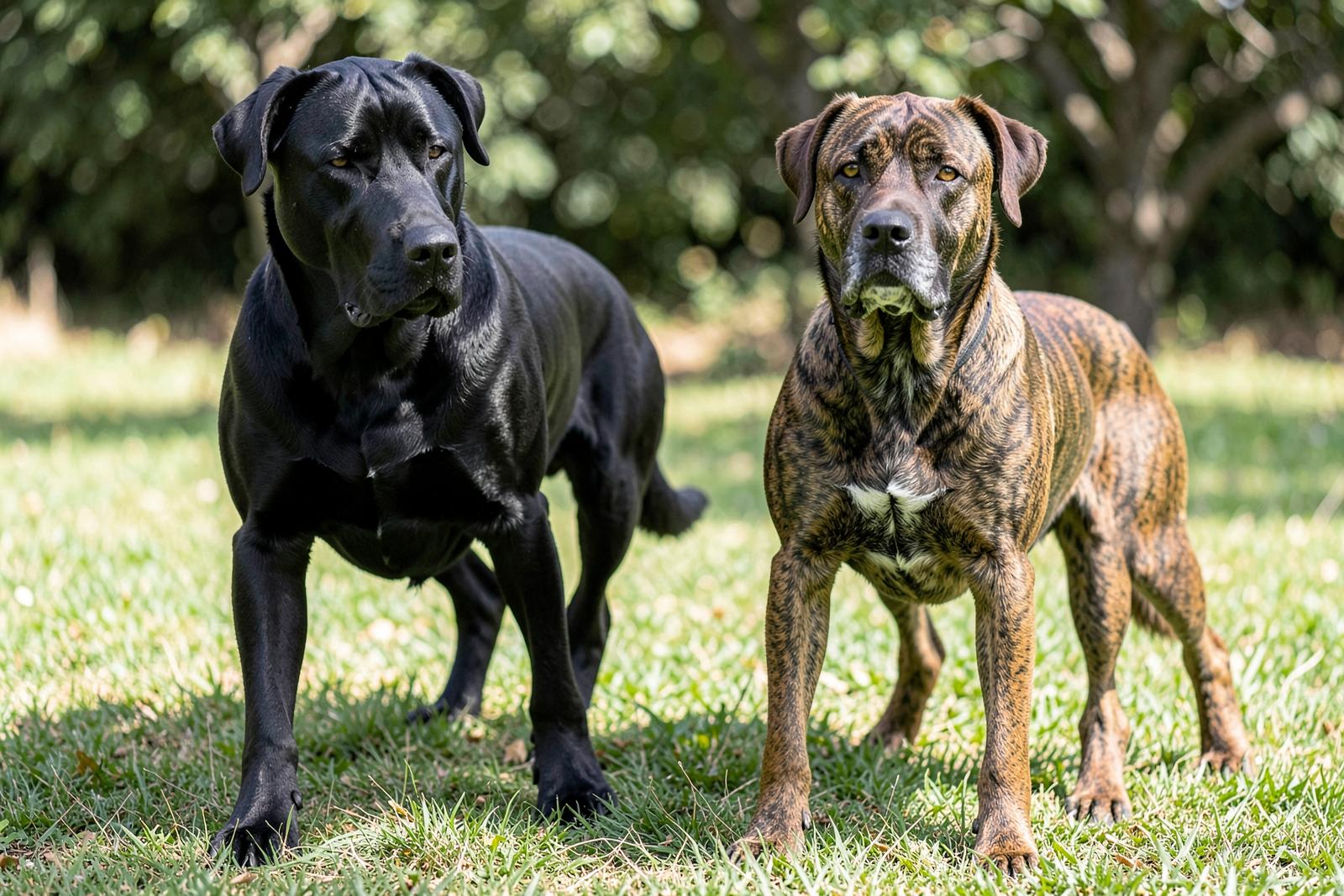Cane Corso and Presa Canario standing side by side for comparison